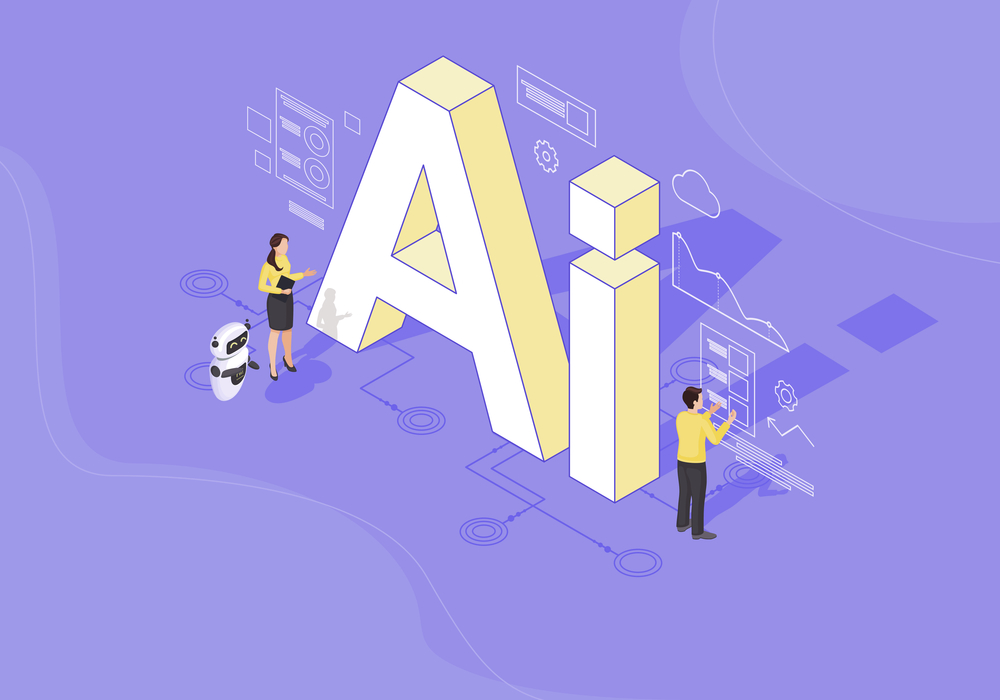 AI等距彩色矢量图人工智能信息图客户使用聊天机器人网站协助教师机器人未来营销技术支援网页移动应用程序3d概念AI等距颜色矢量图